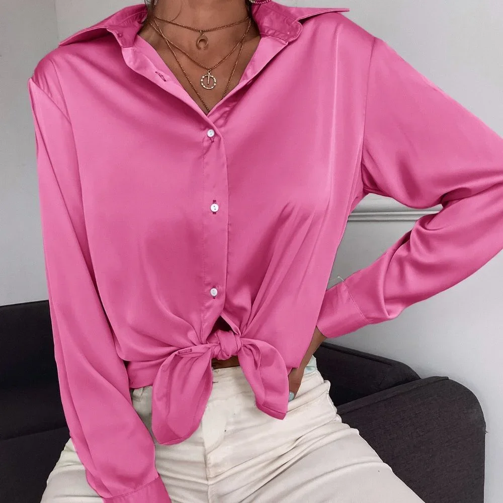 Hot Pink Preppy Womens Button Up Solid Shirt - Picture 5 of 5